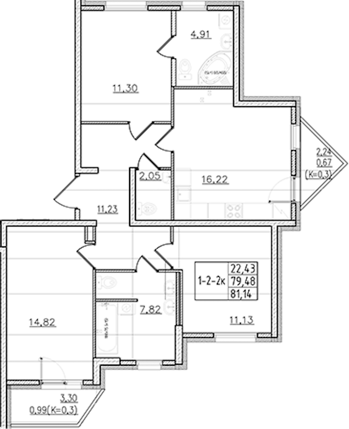 3-комнатная квартира 81.14 м², 2/19 эт., ЖК «Мурино Клаб»